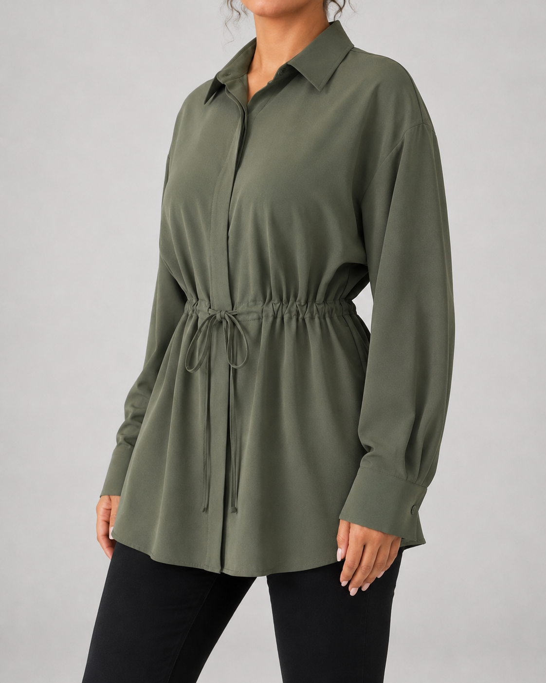 Collared Long Sleeve Drawstring Waist Oversized Longline Shirt 5