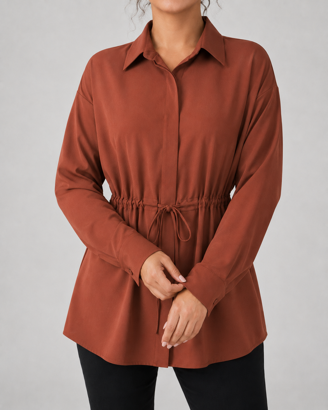 Collared Long Sleeve Drawstring Waist Oversized Longline Shirt 7