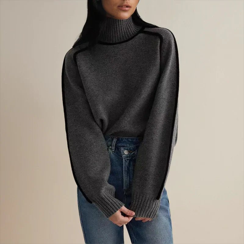 Turtleneck Long Sleeve Contrast Piping Oversized Sweater 9