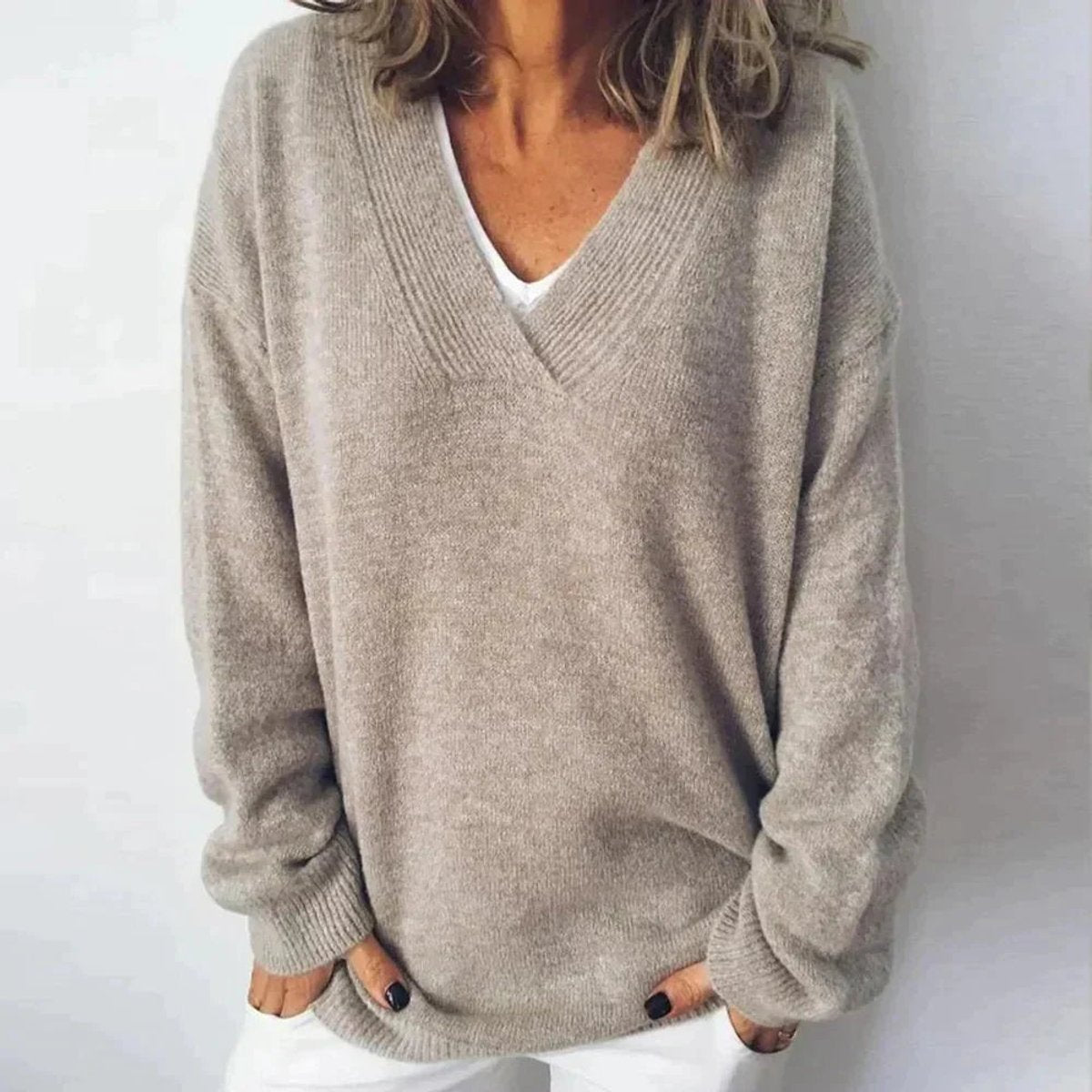Deep V-Neck Long Sleeve Oversized Knit Sweater