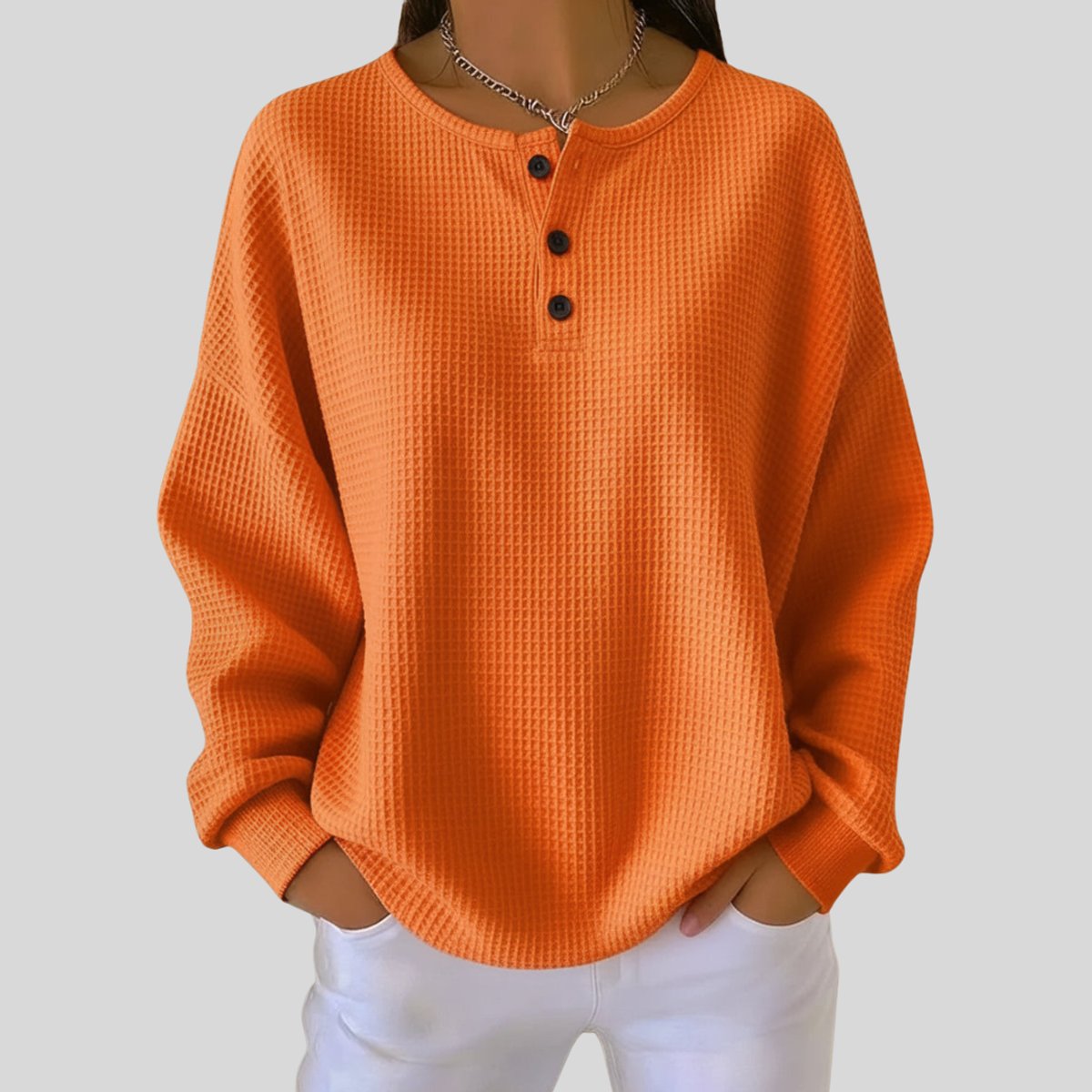 Drop Shoulder Long Sleeve Waffle Knit Button Placket Pullover