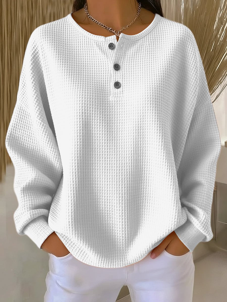 Drop Shoulder Long Sleeve Waffle Knit Button Placket Pullover 3