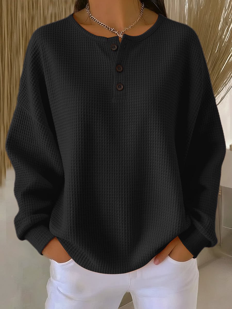 Drop Shoulder Long Sleeve Waffle Knit Button Placket Pullover 5