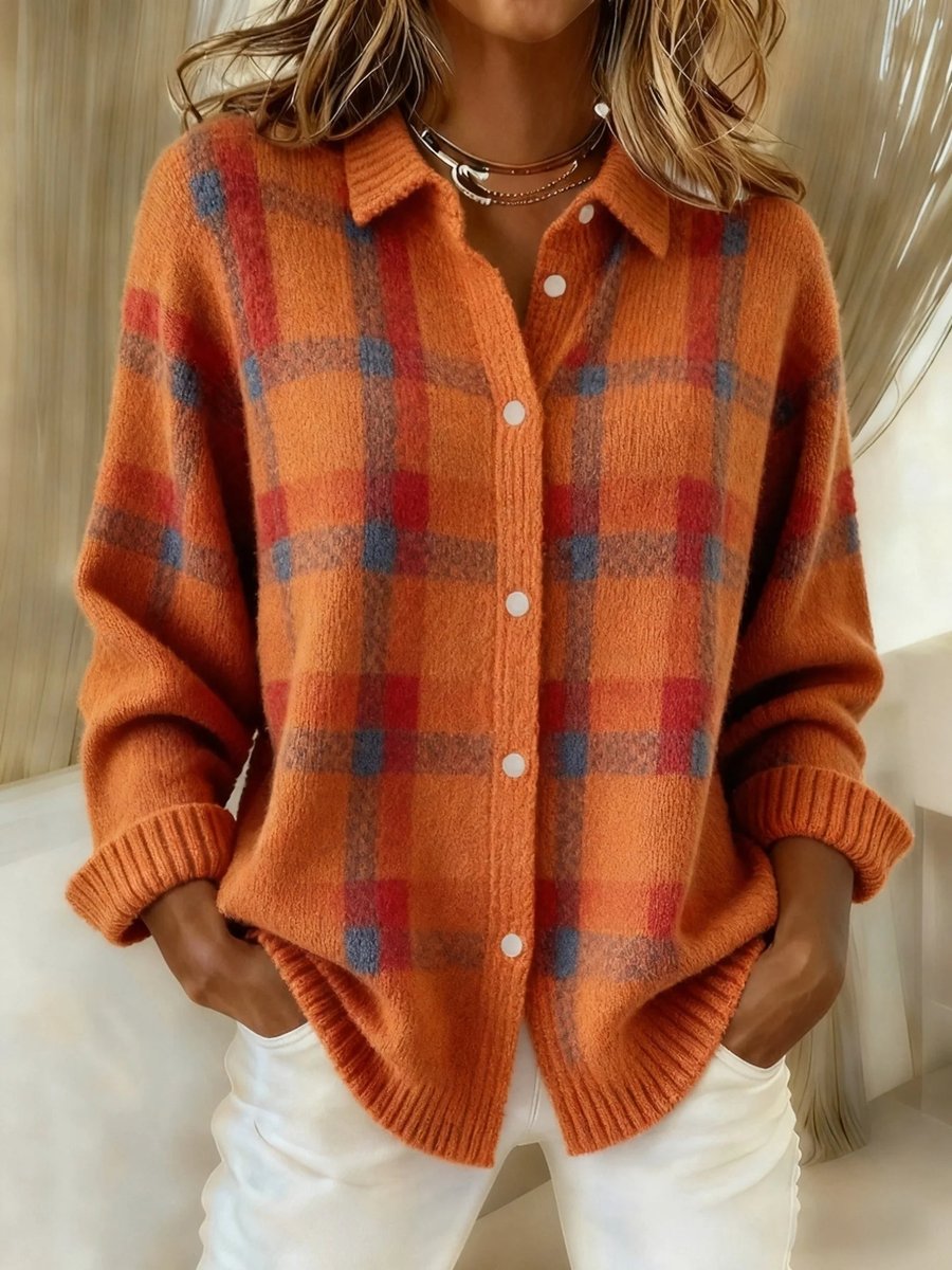 Collared Button Front Plaid Knit Shirt Jacket