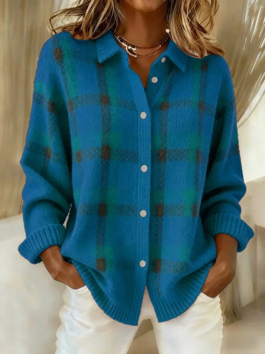 Collared Button Front Plaid Knit Shirt Jacket 4