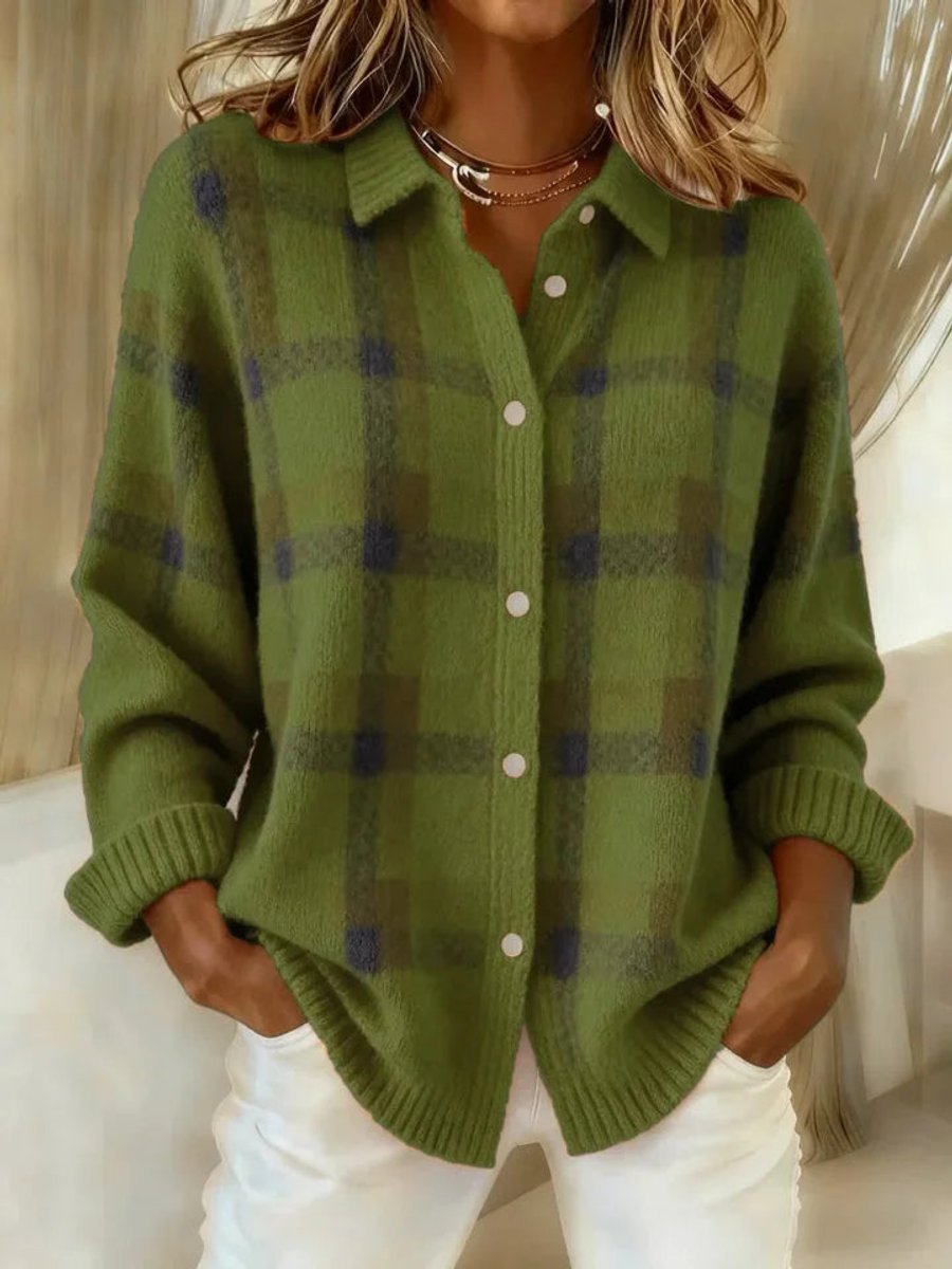 Collared Button Front Plaid Knit Shirt Jacket 7