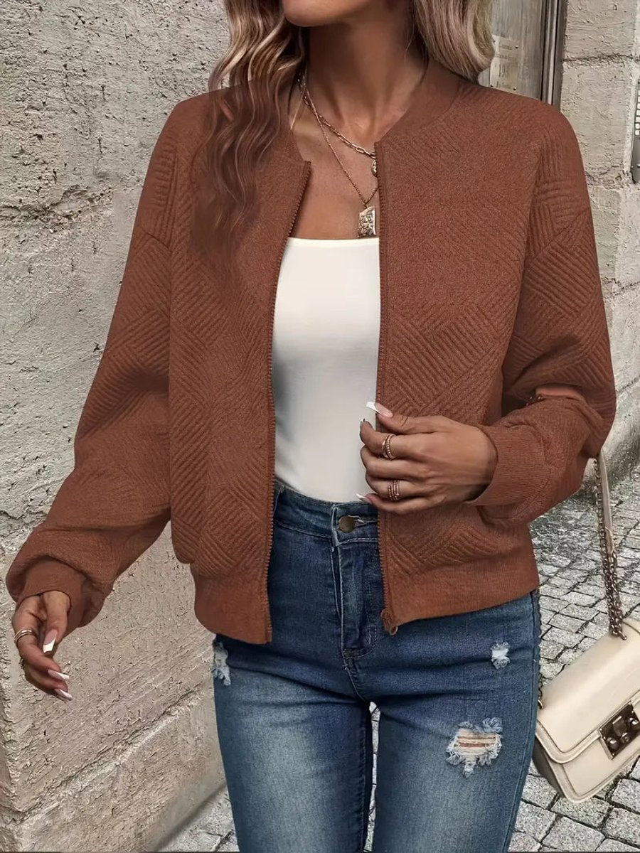 Textured Zip Front Long Sleeve Bomber Jacket 11