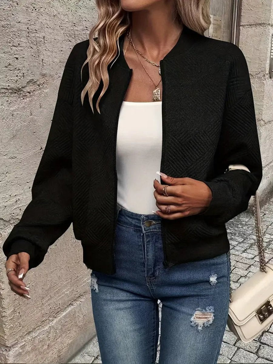 Textured Zip Front Long Sleeve Bomber Jacket 2