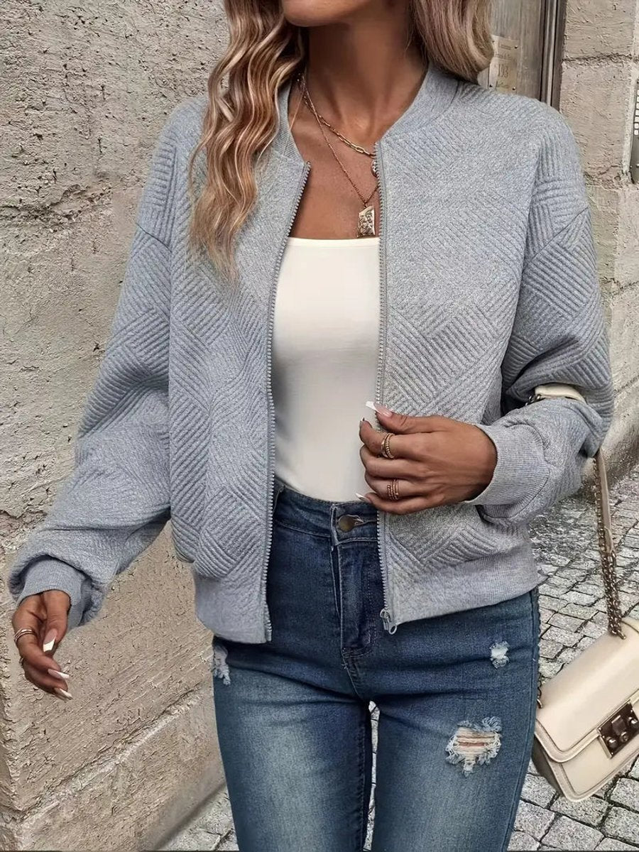 Textured Zip Front Long Sleeve Bomber Jacket 3