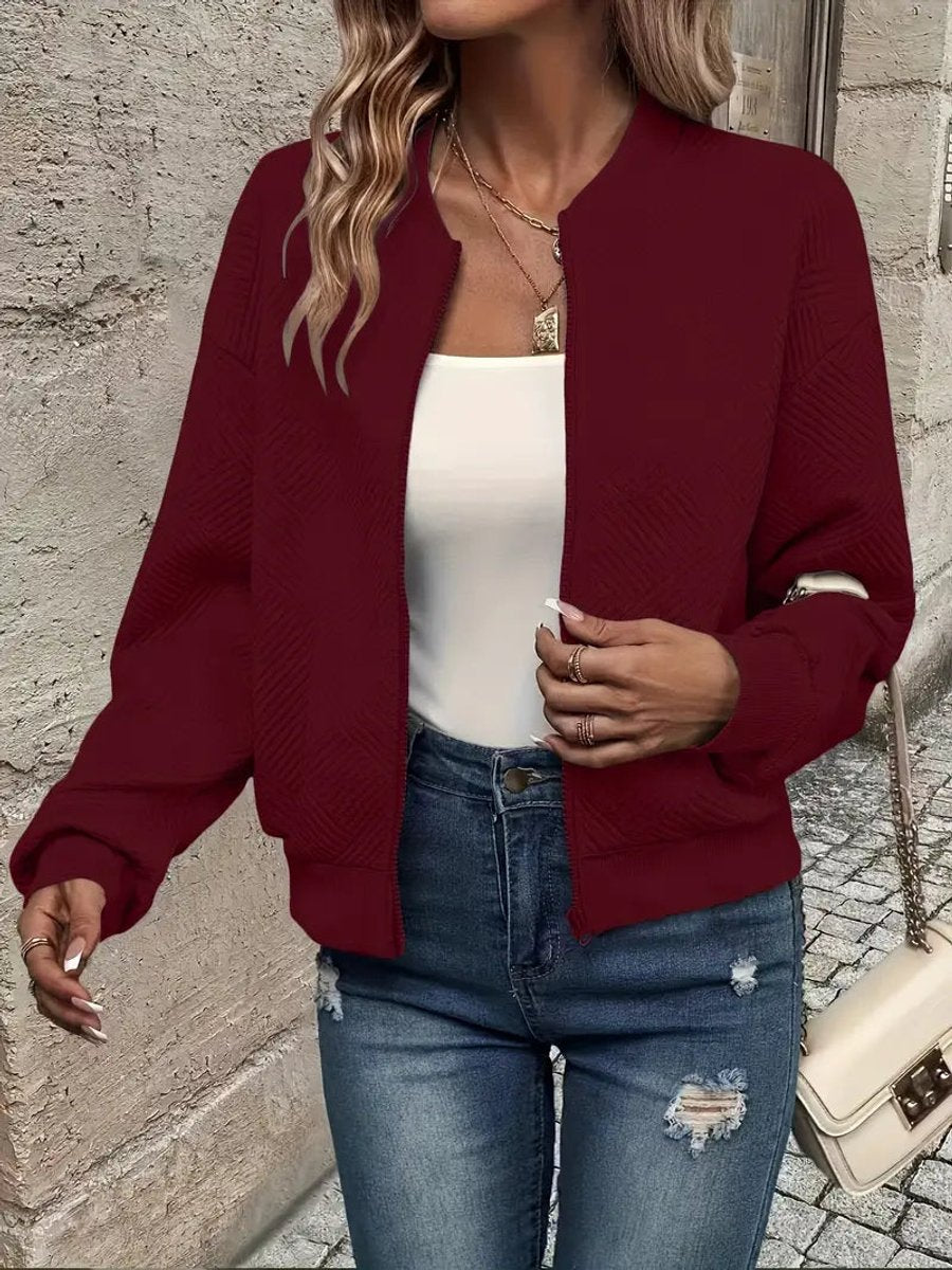 Textured Zip Front Long Sleeve Bomber Jacket 4
