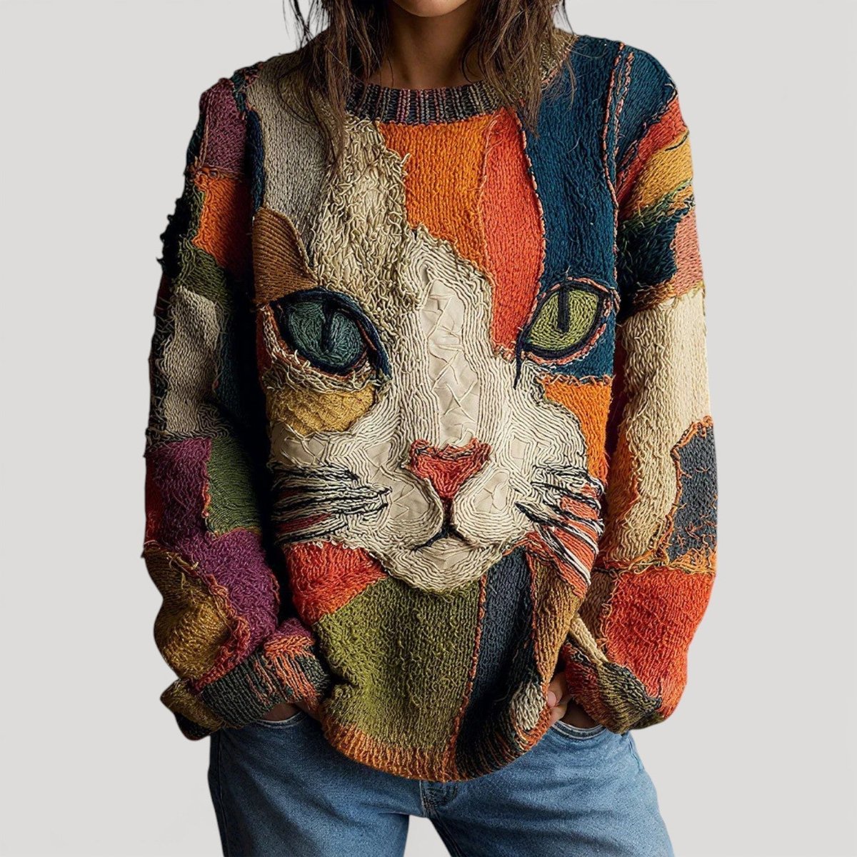 Cat Print Crew Neck Long Sleeve Knit Sweater