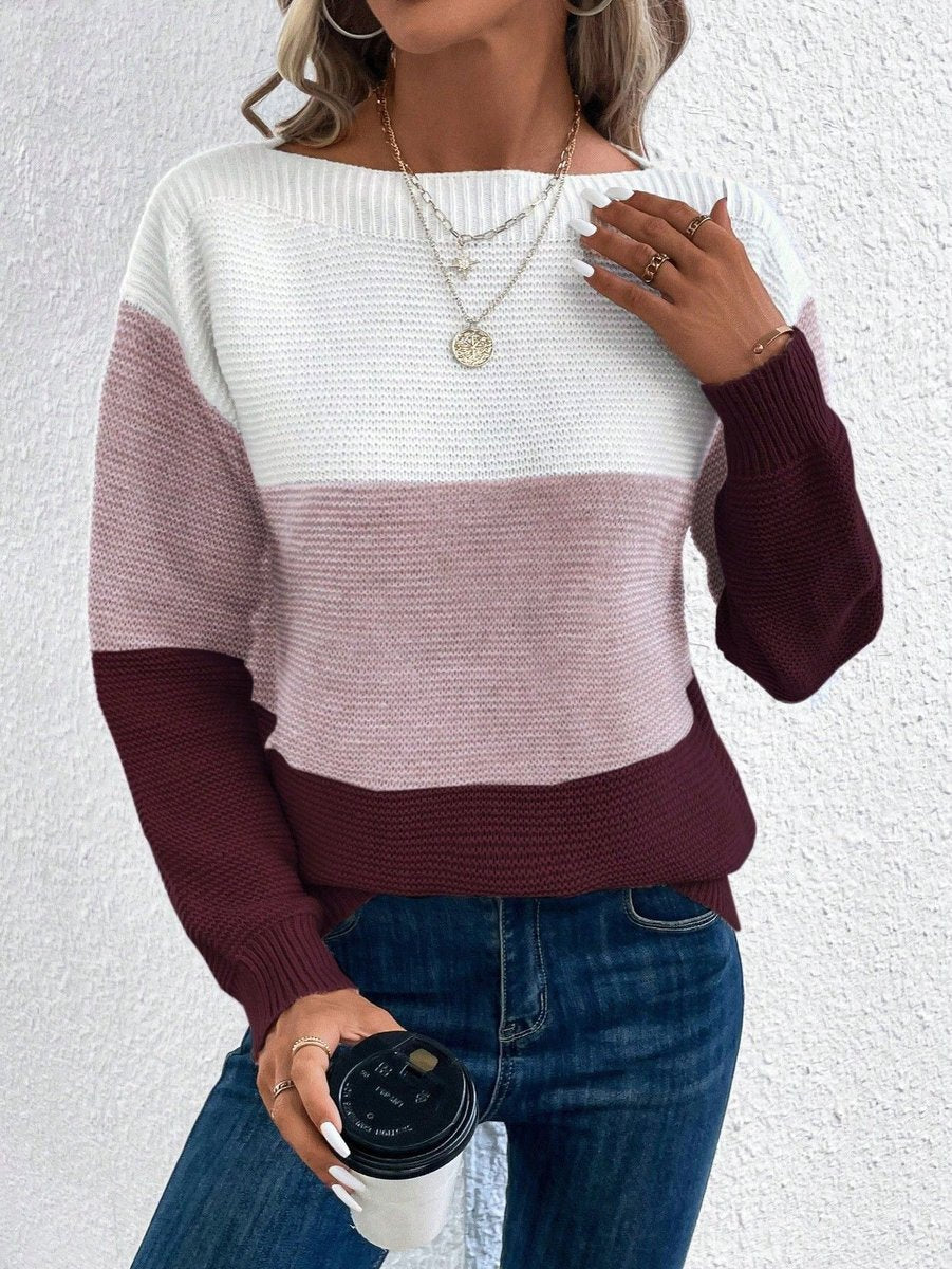 Boat Neck Color Block Ribbed Knit Sweater 6