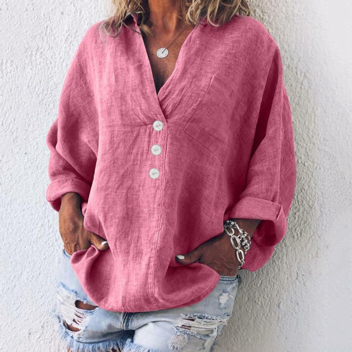Linen Look V-Neck Long Sleeve Button Placket Relaxed Shirt