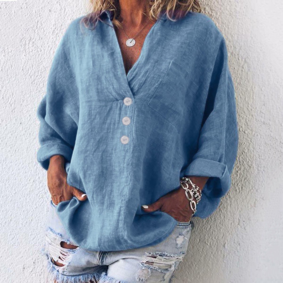 Linen Look V-Neck Long Sleeve Button Placket Relaxed Shirt 2