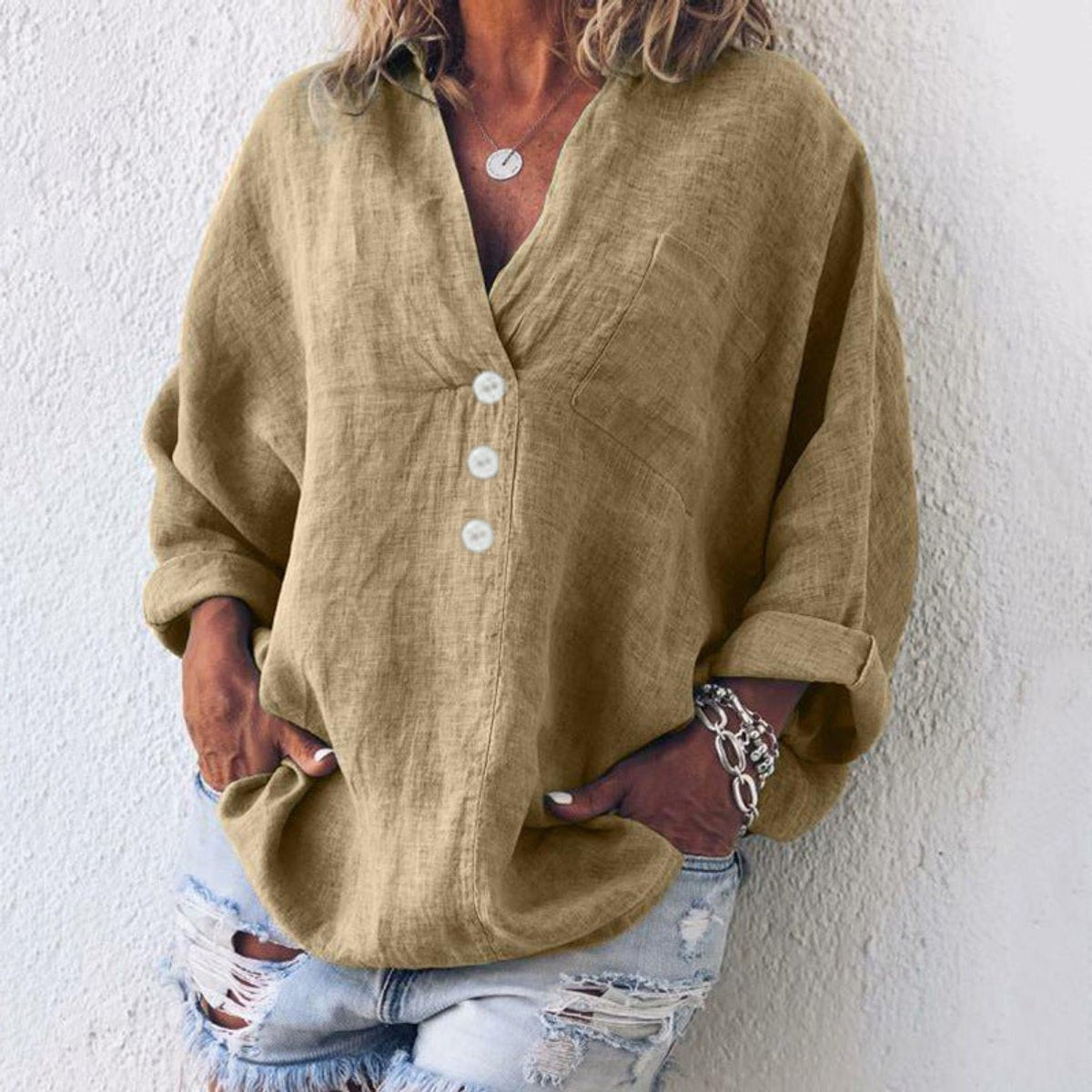Linen Look V-Neck Long Sleeve Button Placket Relaxed Shirt 5