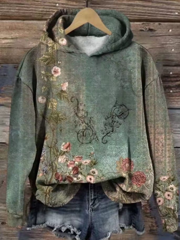Hooded Vintage Floral Print Long Sleeve Knit Sweatshirt
