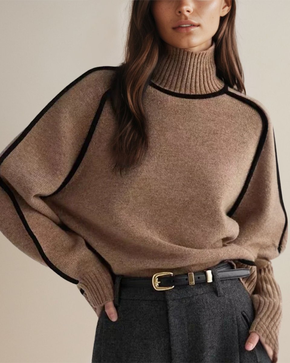 Contrast Piping Turtleneck Dolman Sleeve Sweater