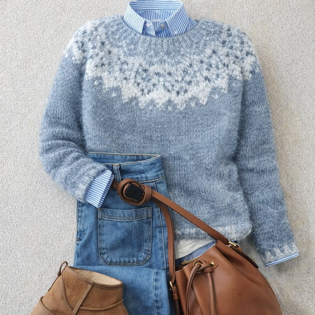 Crew Neck Fair Isle Yoke Drop Shoulder Sweater