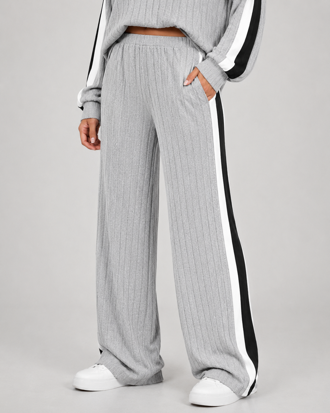 Ribbed Polo Collar Top and Side Stripe Wide Leg Pants Two Piece Set 2