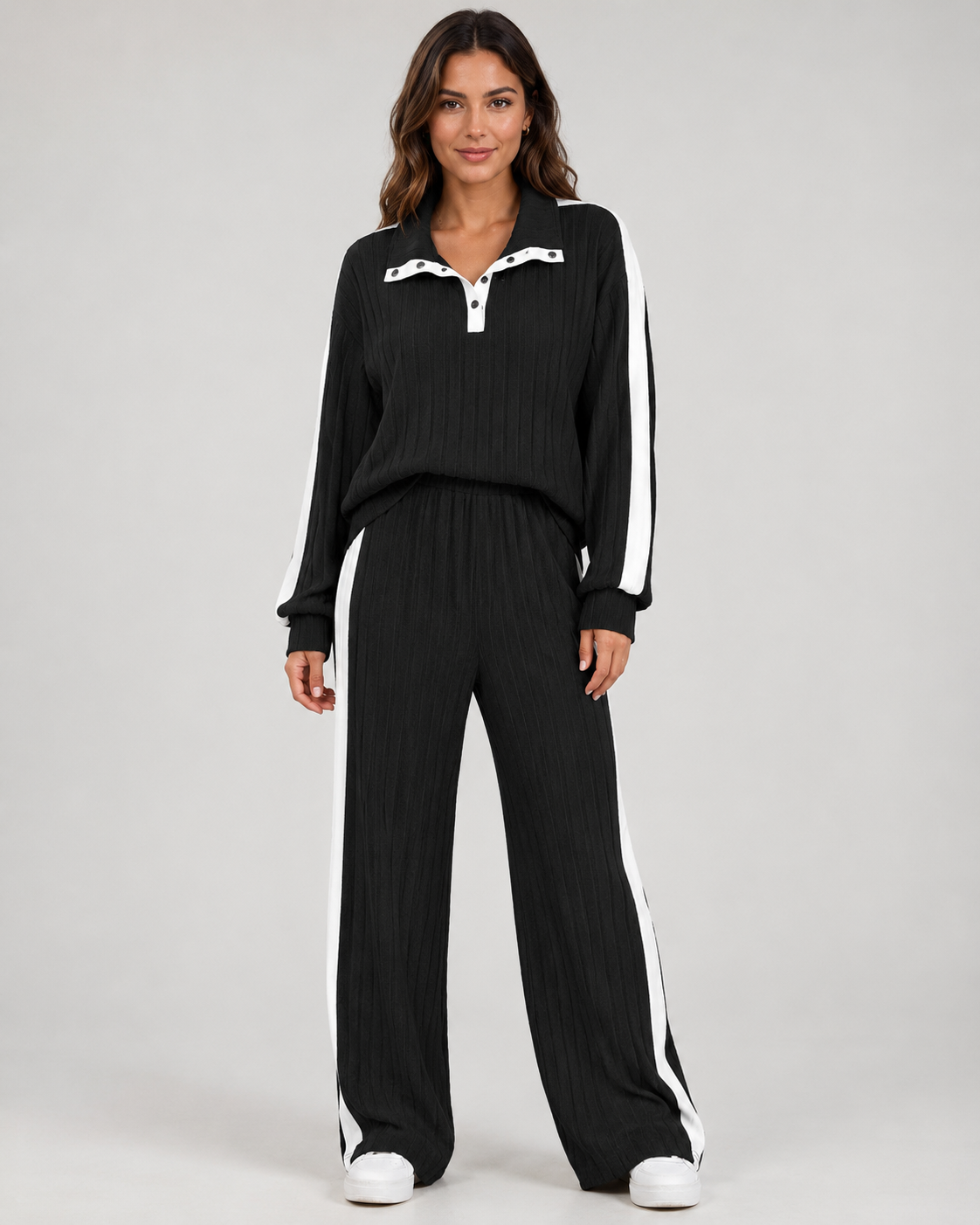 Ribbed Polo Collar Top and Side Stripe Wide Leg Pants Two Piece Set 4