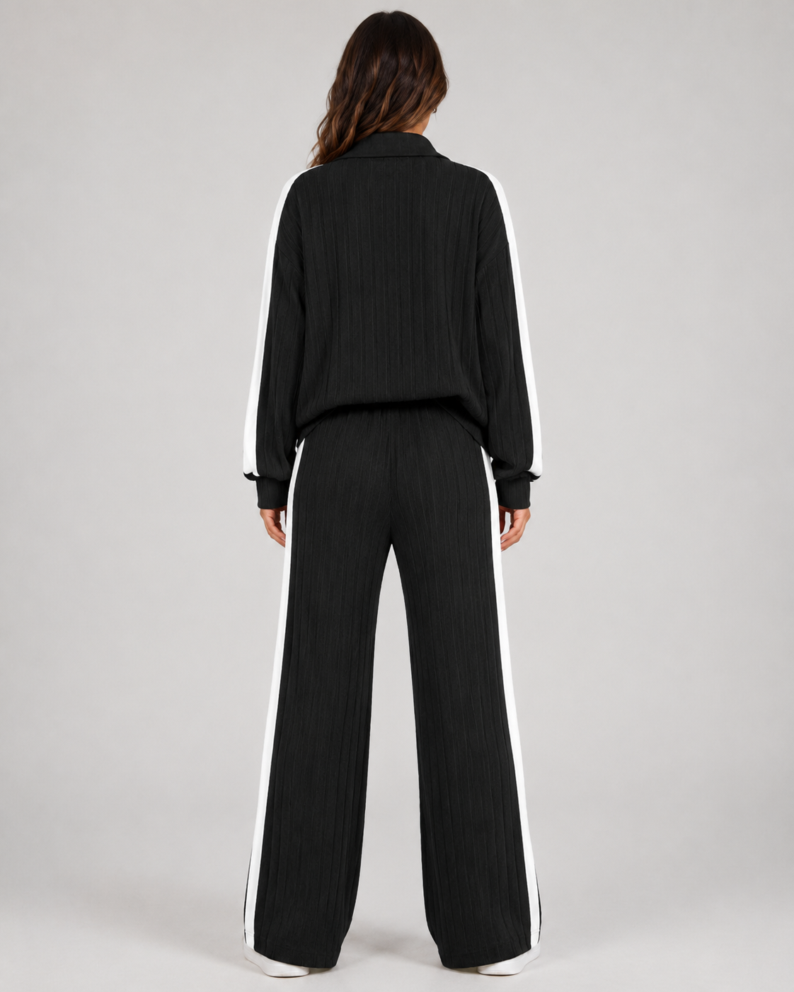 Ribbed Polo Collar Top and Side Stripe Wide Leg Pants Two Piece Set 6