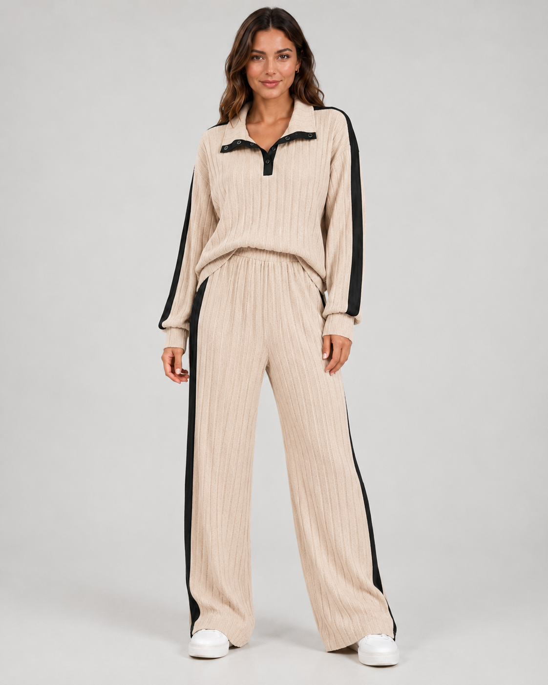 Ribbed Polo Collar Top and Side Stripe Wide Leg Pants Two Piece Set 7