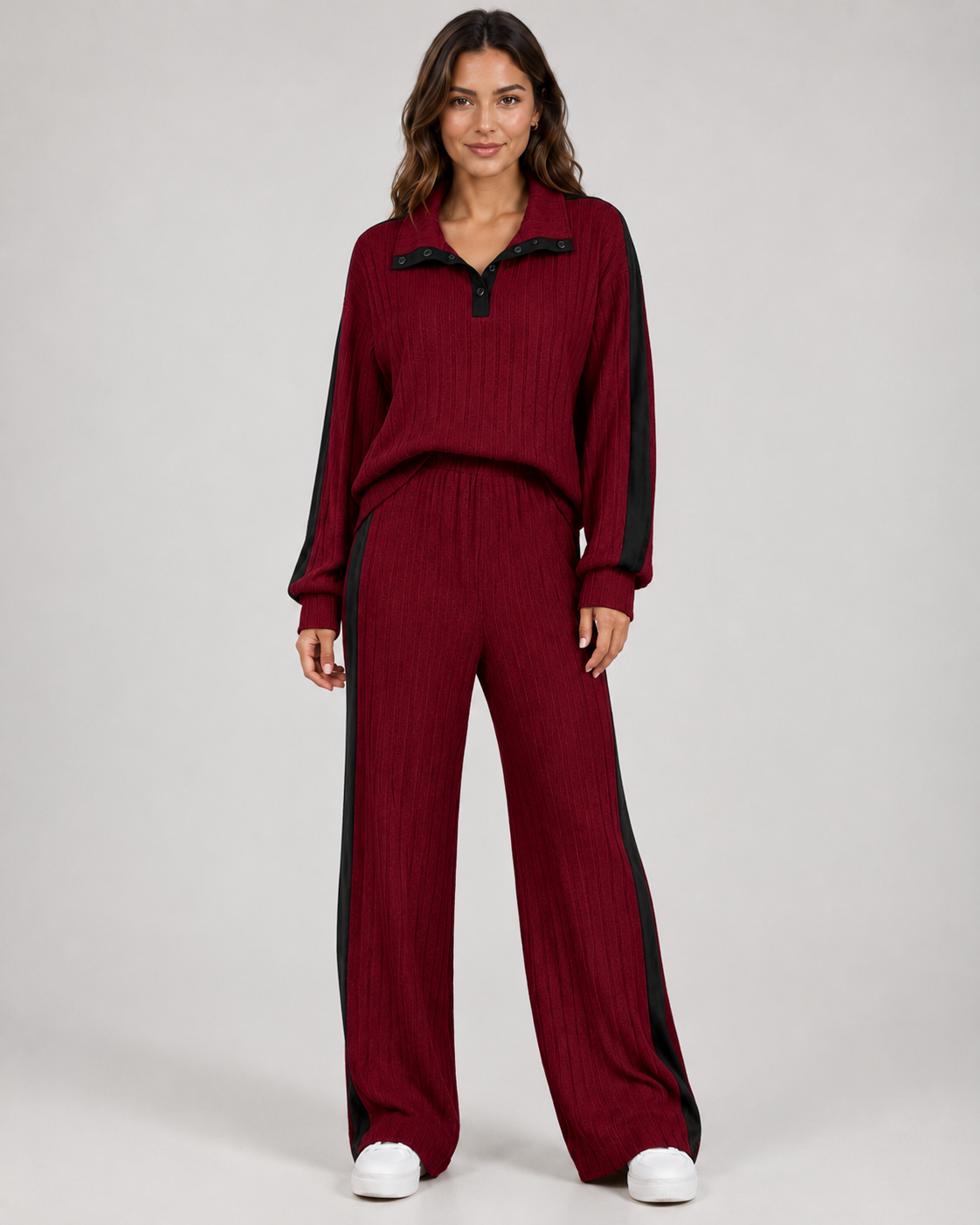 Ribbed Polo Collar Top and Side Stripe Wide Leg Pants Two Piece Set 8