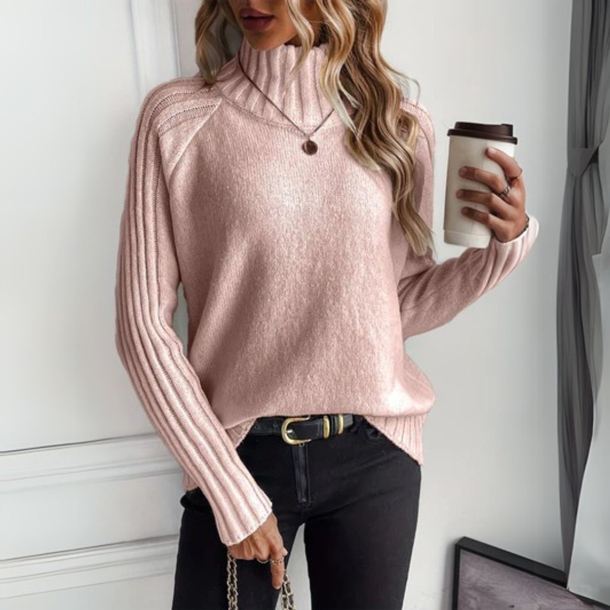 Turtleneck Raglan Sleeve Ribbed Pullover Sweater 3