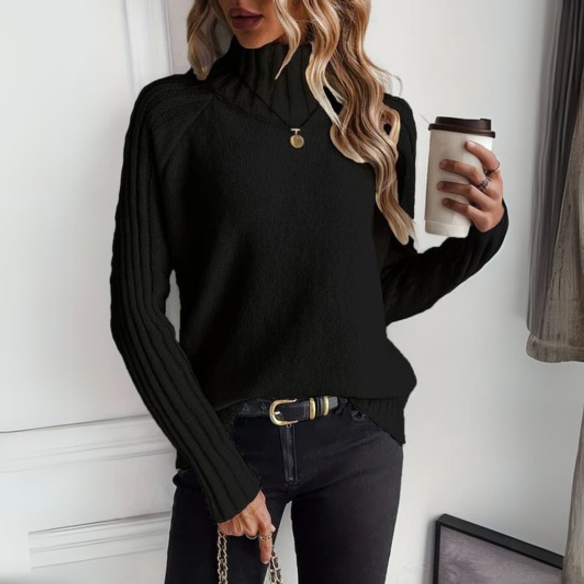 Turtleneck Raglan Sleeve Ribbed Pullover Sweater 4