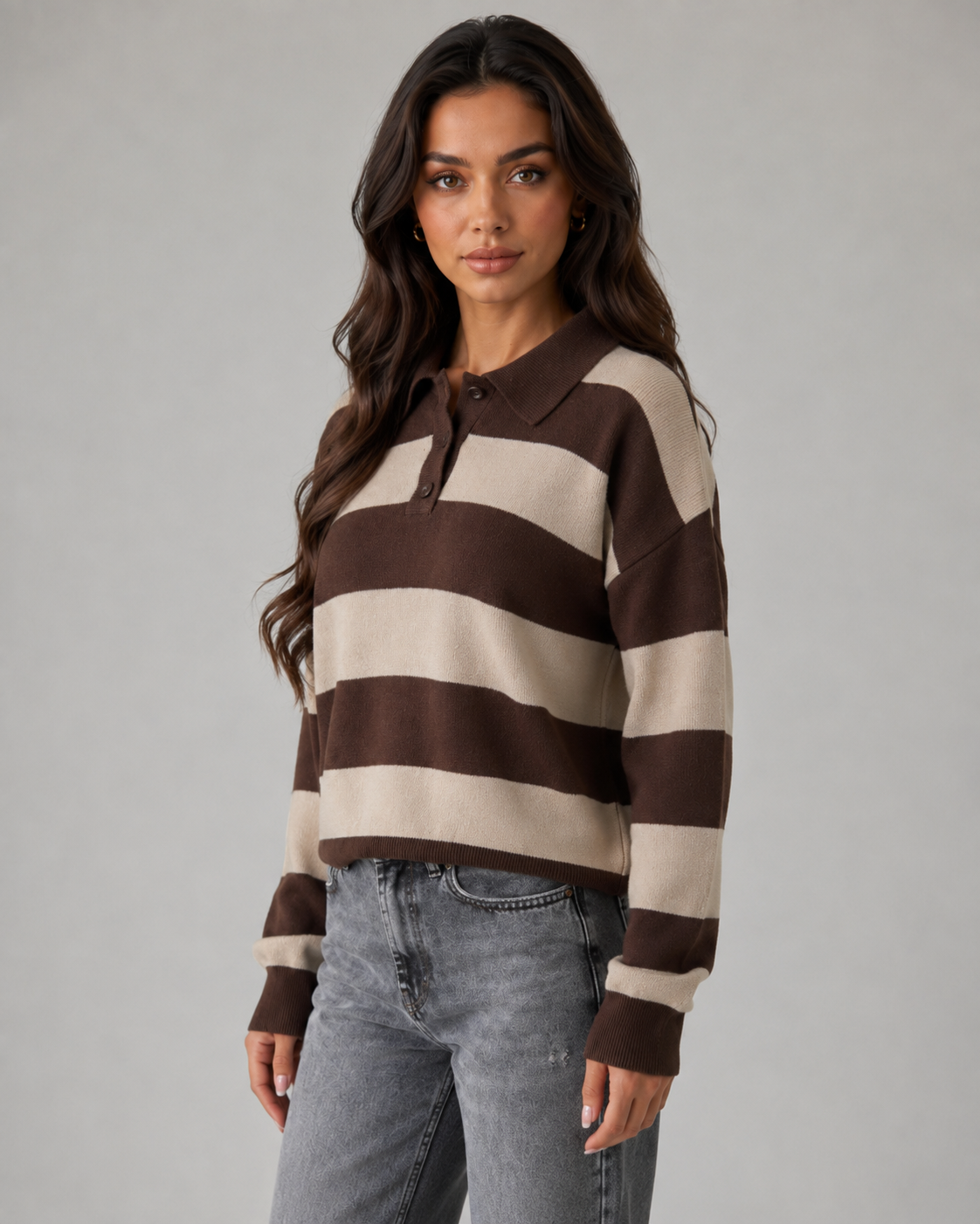 Wide Stripe Polo Collar Drop Shoulder Knit Sweater 2