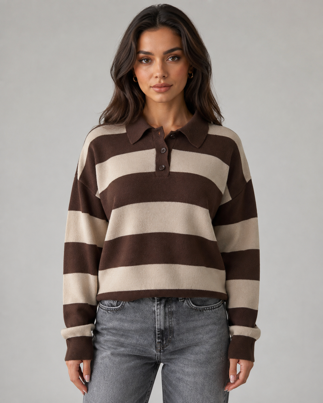 Wide Stripe Polo Collar Drop Shoulder Knit Sweater 6
