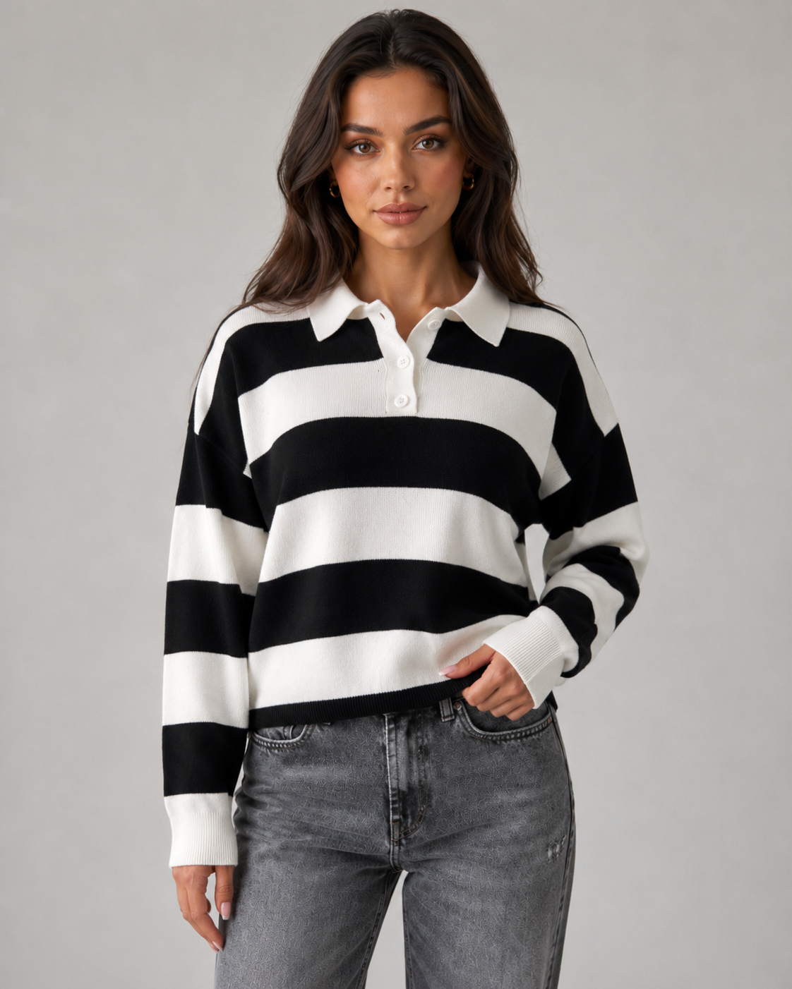 Wide Stripe Polo Collar Drop Shoulder Knit Sweater