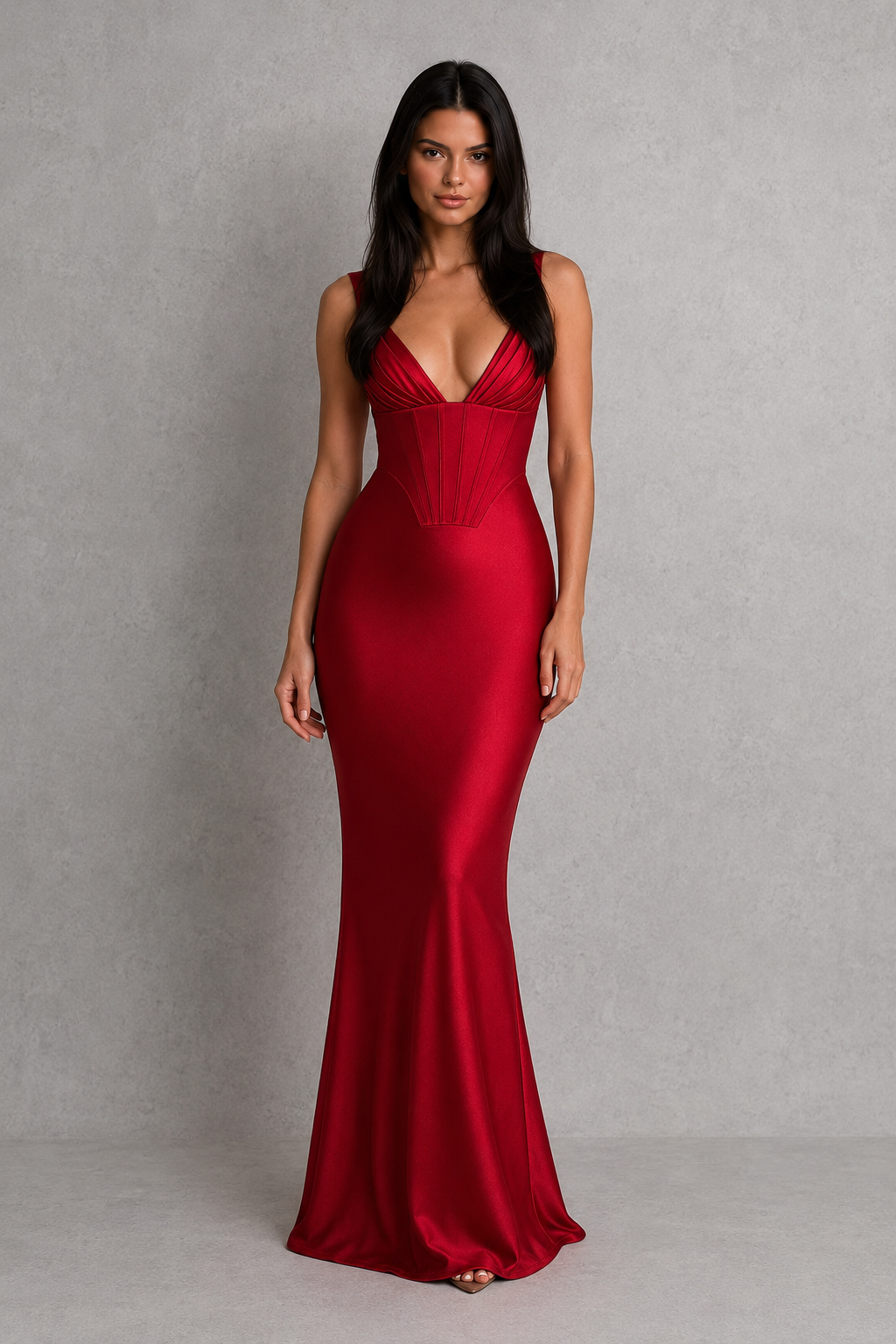 Satin Deep V-Neck Corset Bodice Fishtail Maxi Dress