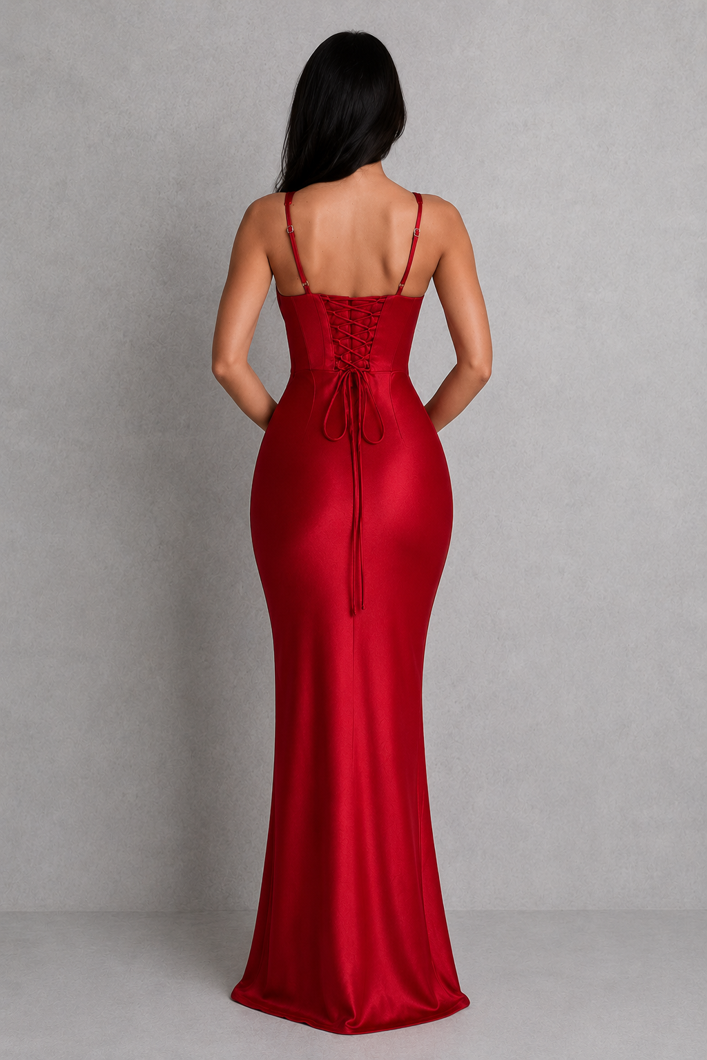 Satin Deep V-Neck Corset Bodice Fishtail Maxi Dress 2