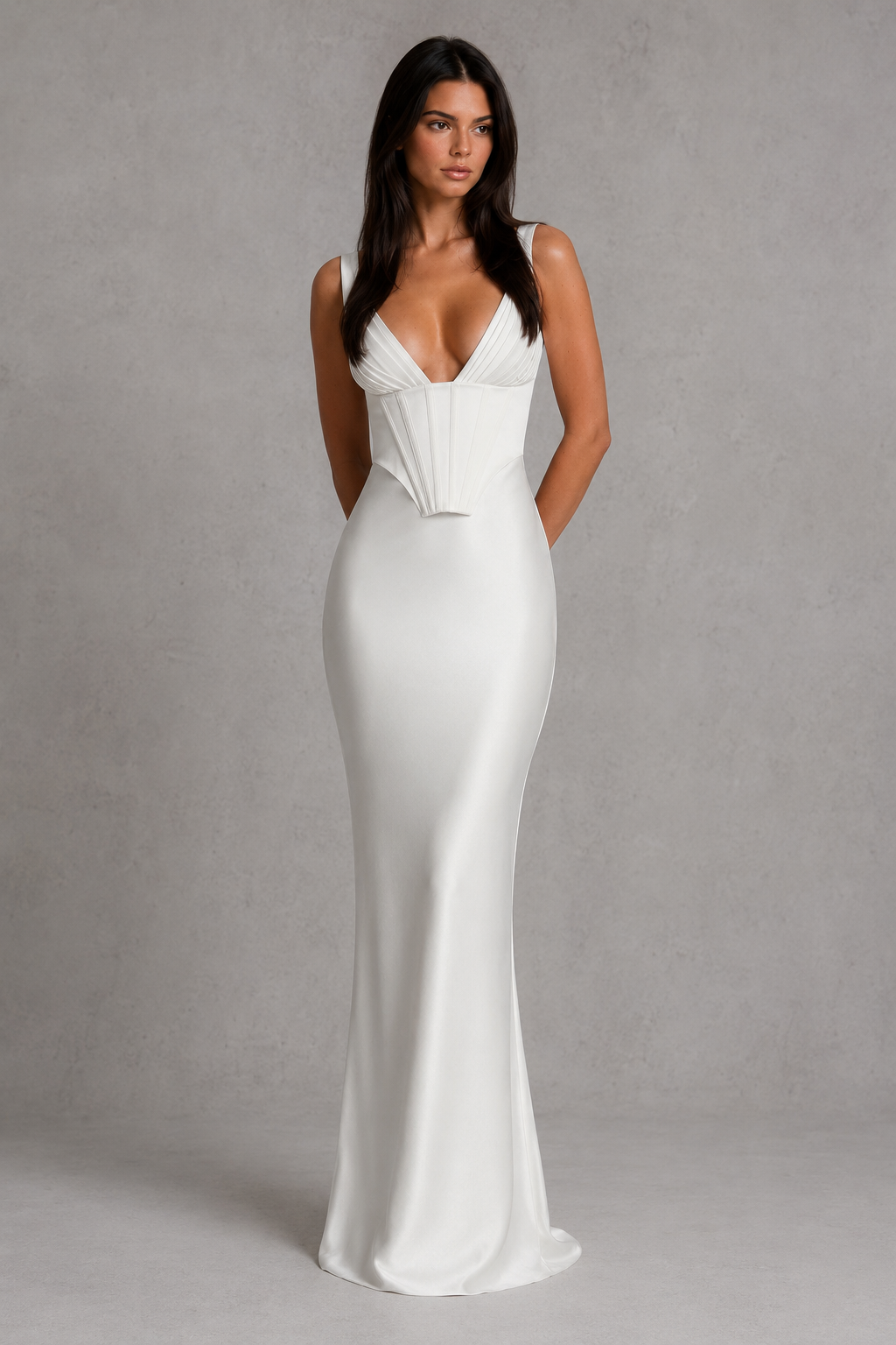Satin Deep V-Neck Corset Bodice Fishtail Maxi Dress 7