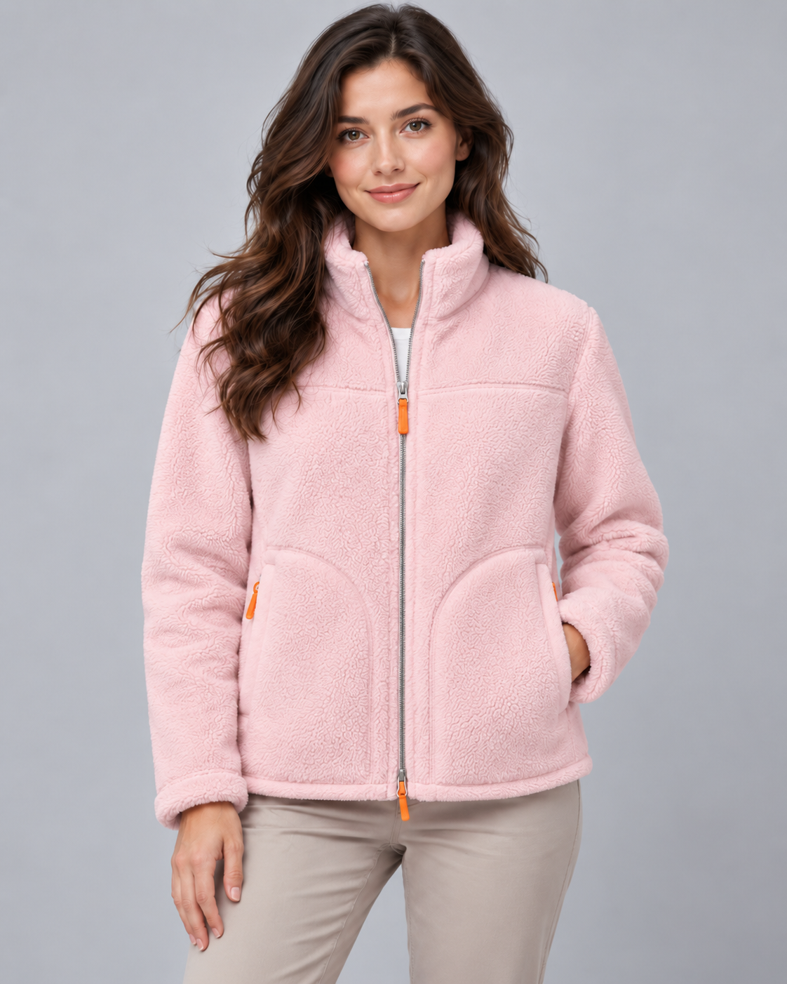 Sherpa Fleece Stand Collar Zip Front Jacket 3