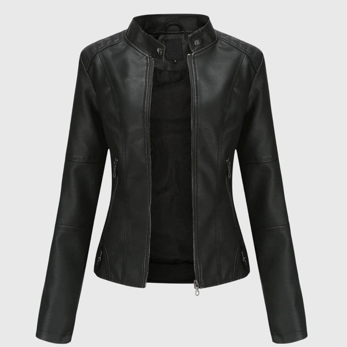 Faux Leather Stand Collar Zip Front Moto Jacket
