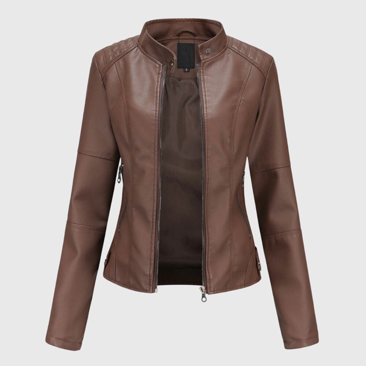 Faux Leather Stand Collar Zip Front Moto Jacket 2