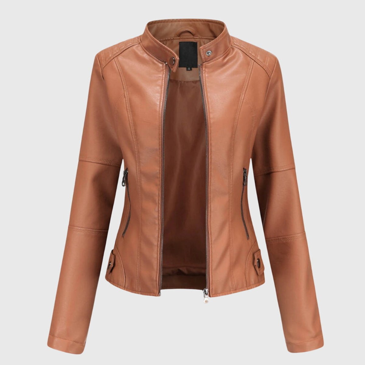 Faux Leather Stand Collar Zip Front Moto Jacket 3