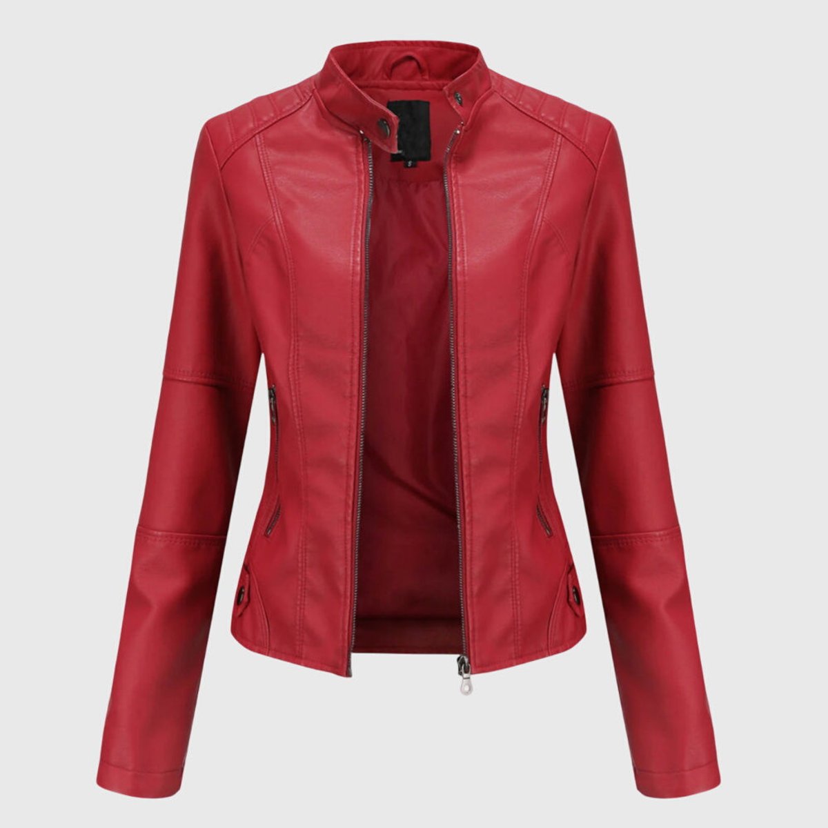 Faux Leather Stand Collar Zip Front Moto Jacket 5