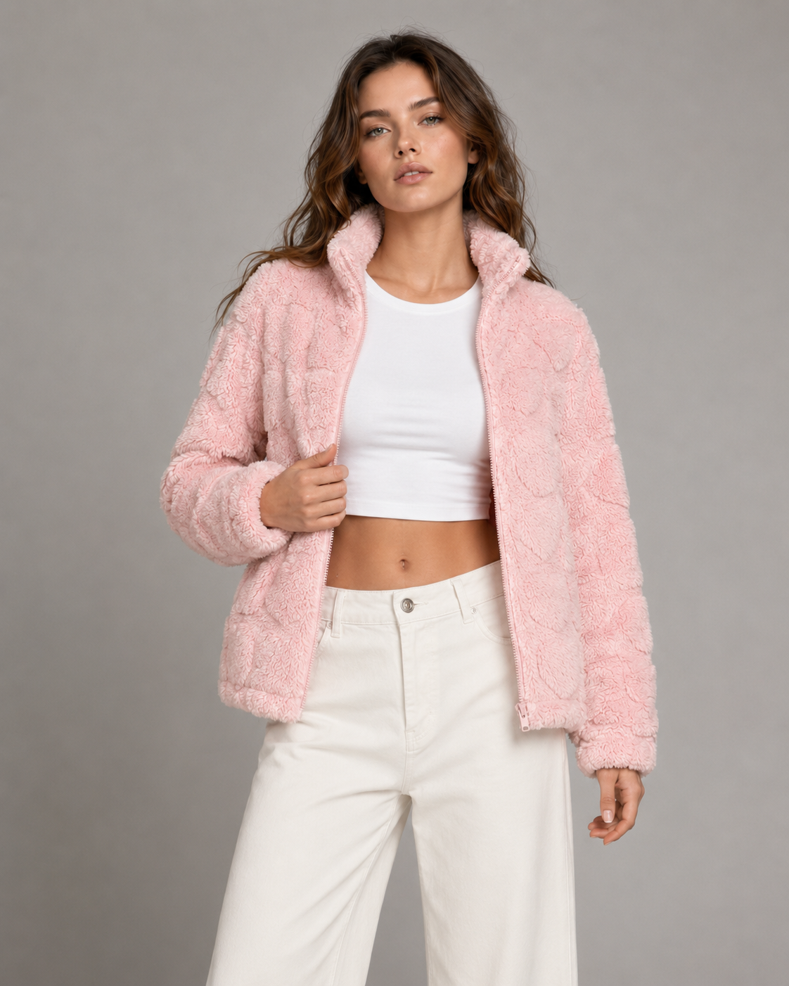 Heart Textured Funnel Neck Zip Up Teddy Fleece Jacket 2