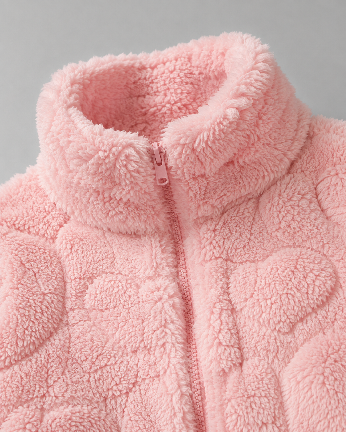 Heart Textured Funnel Neck Zip Up Teddy Fleece Jacket 3