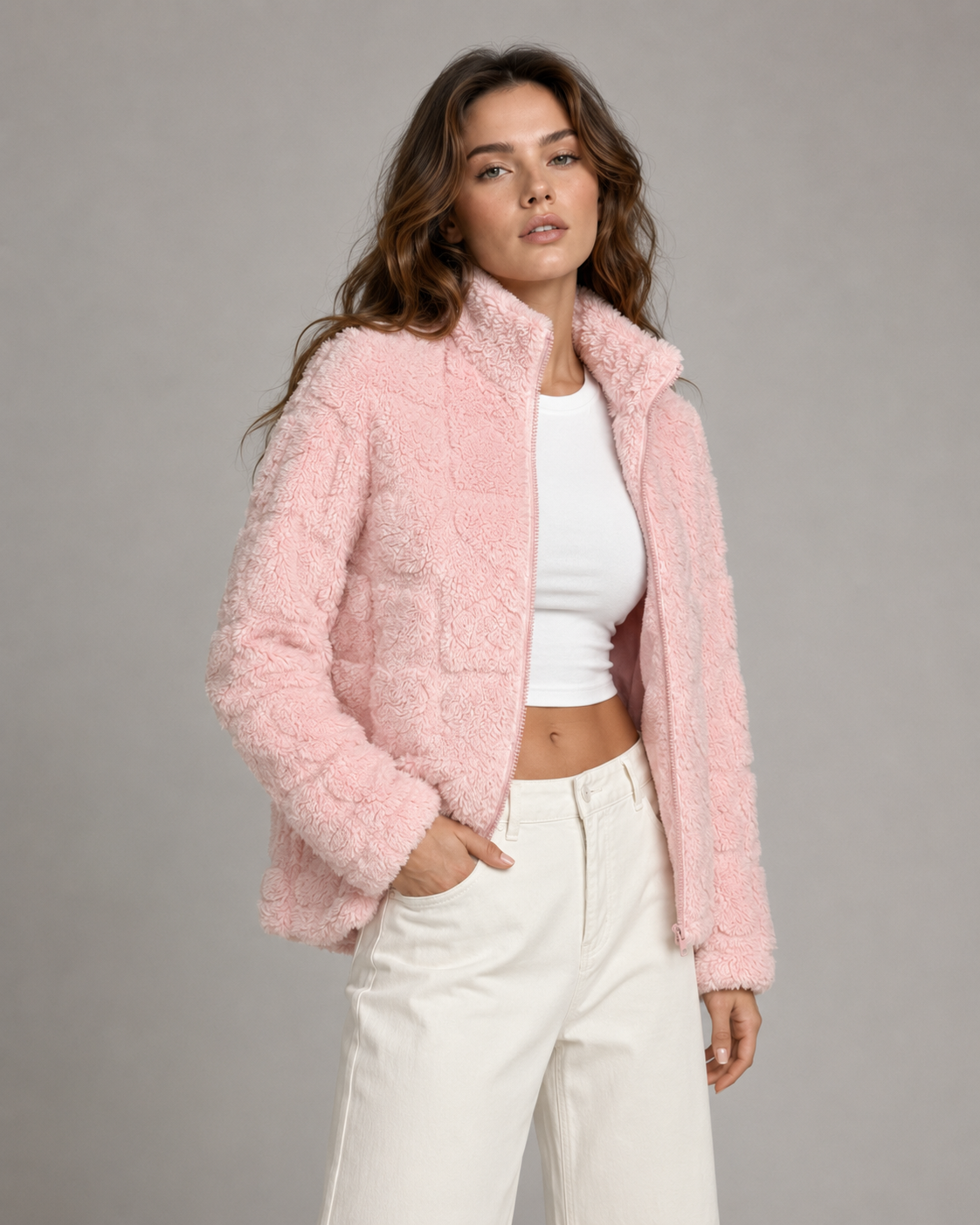 Heart Textured Funnel Neck Zip Up Teddy Fleece Jacket 5