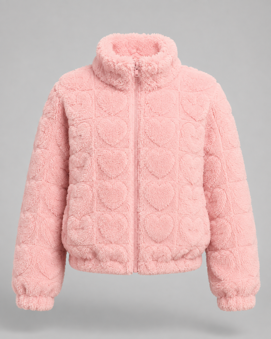Heart Textured Funnel Neck Zip Up Teddy Fleece Jacket 7