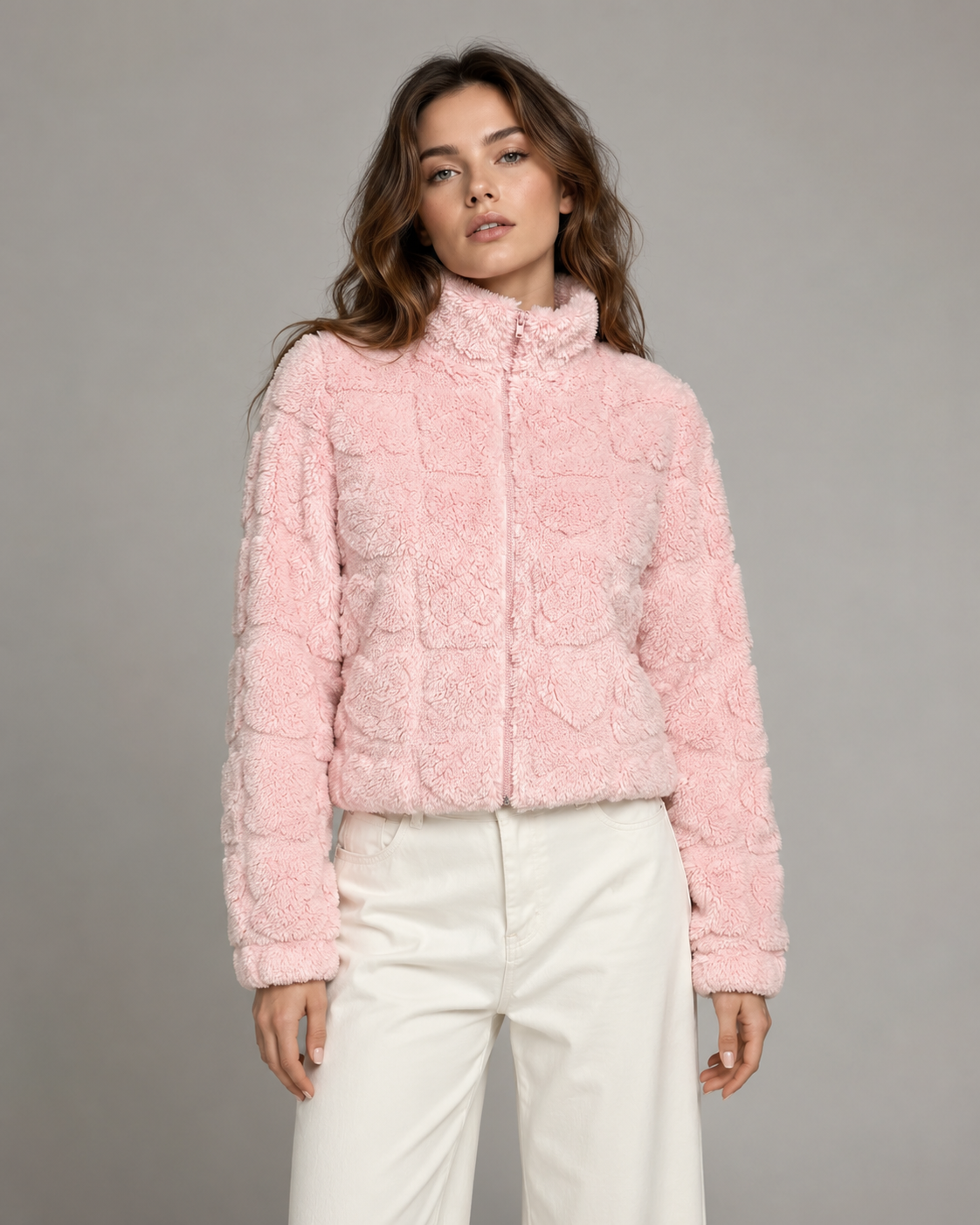 Heart Textured Funnel Neck Zip Up Teddy Fleece Jacket