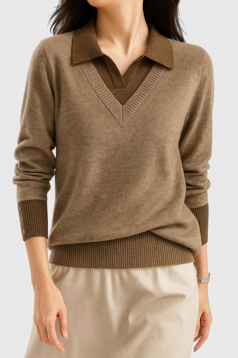 Polo Collar V-Neck Contrast Trim Long Sleeve Knit Sweater 2