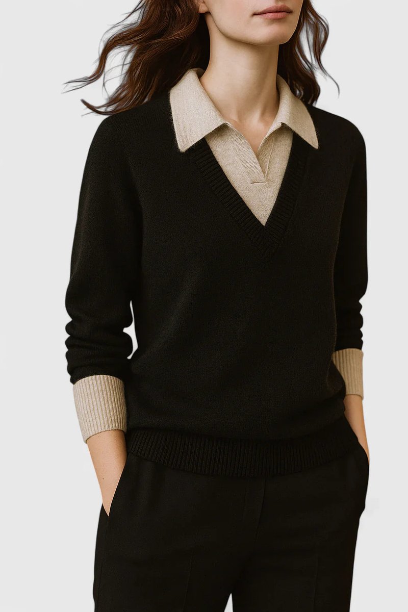 Polo Collar V-Neck Contrast Trim Long Sleeve Knit Sweater 14