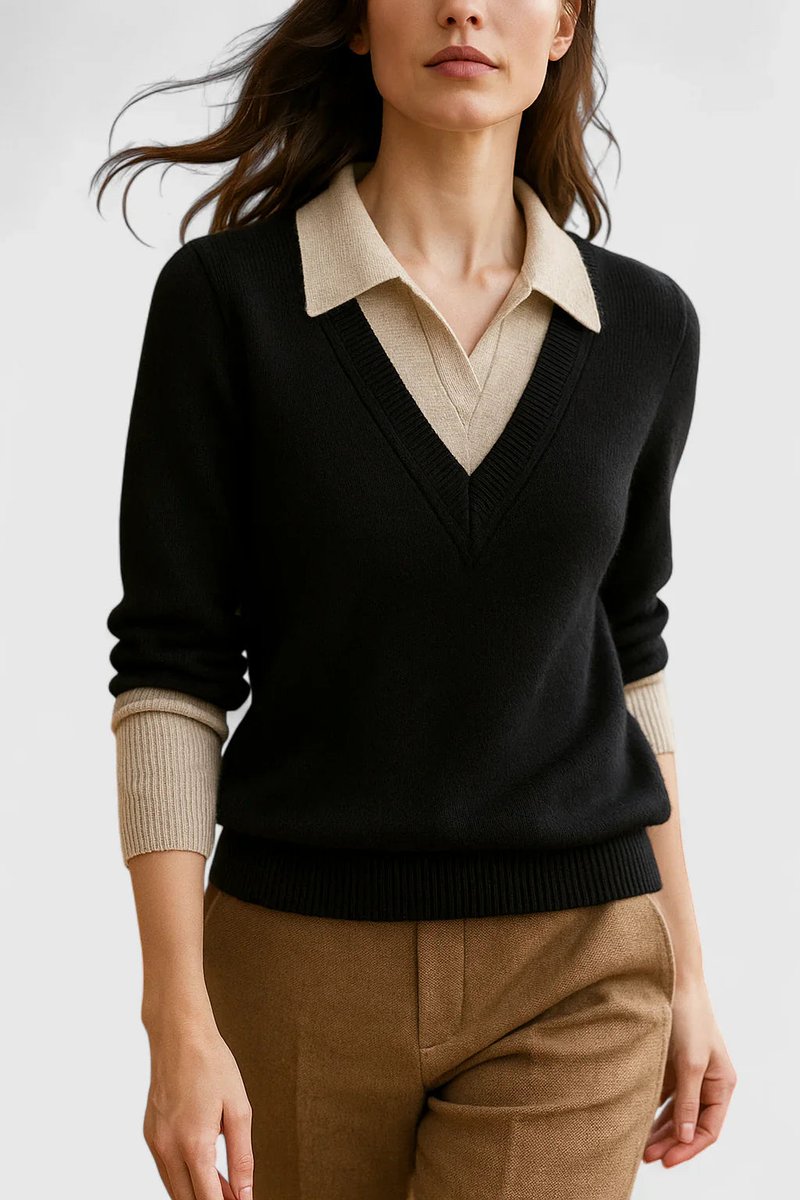 Polo Collar V-Neck Contrast Trim Long Sleeve Knit Sweater 15
