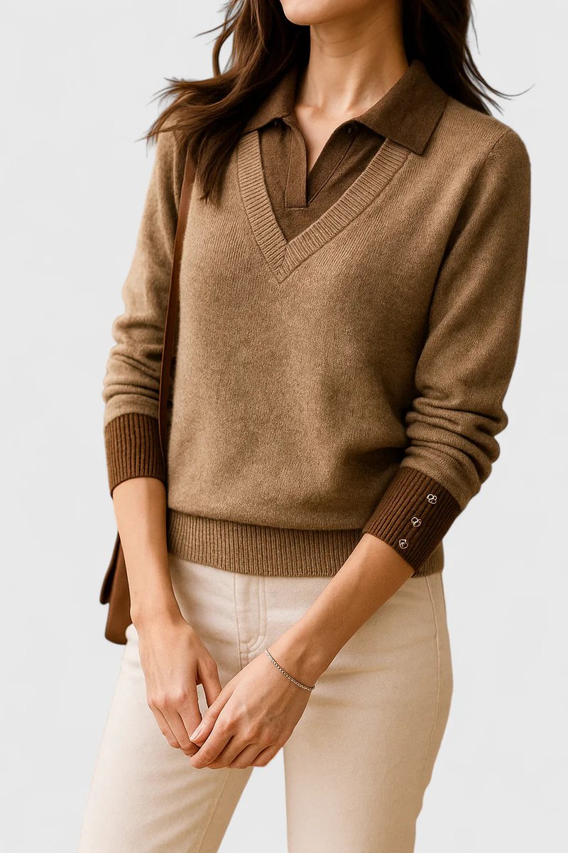 Polo Collar V-Neck Contrast Trim Long Sleeve Knit Sweater 17