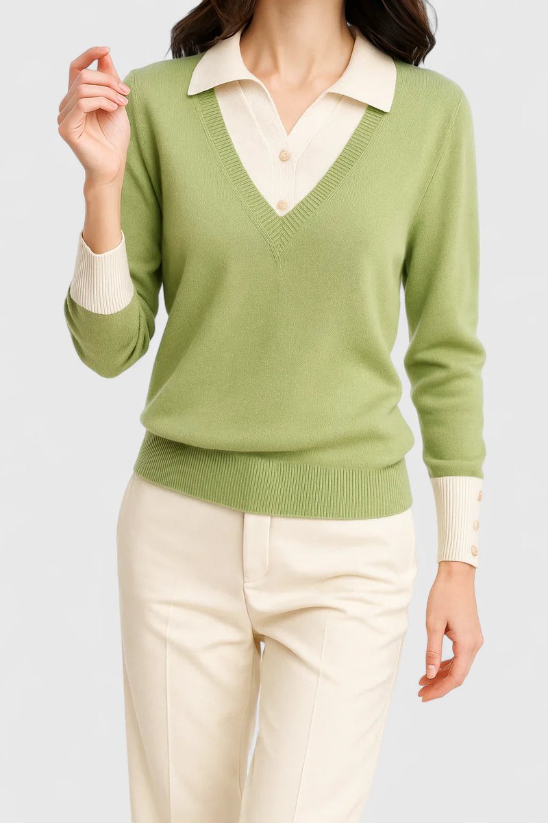 Polo Collar V-Neck Contrast Trim Long Sleeve Knit Sweater 20